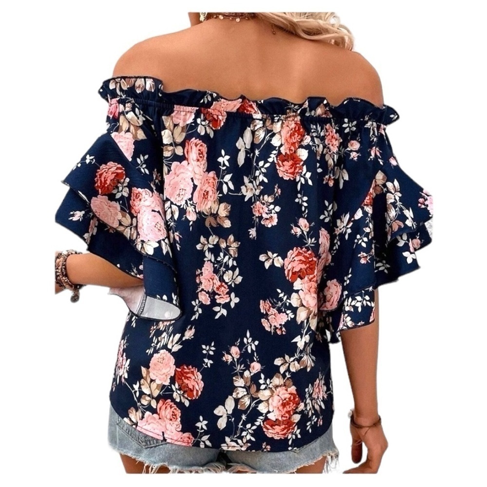 Navy Blue and Pink Ruffle Off Shoulder Flounce Sleeve Floral Blouse Large NWOT - Picture 2 of 7
